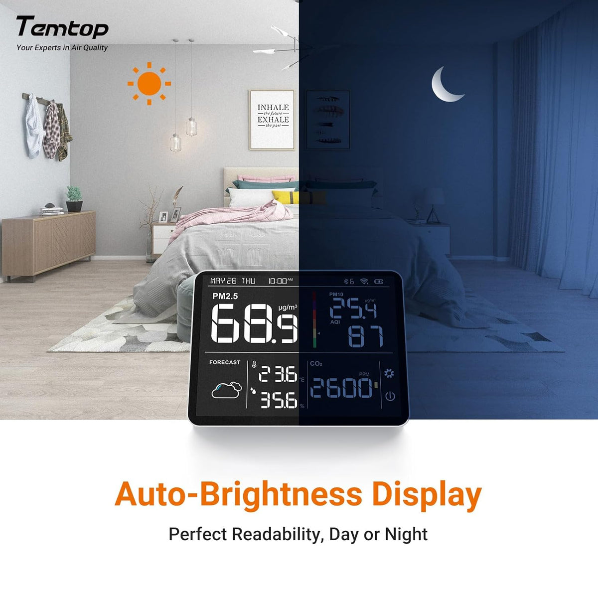 Temtop M100-UP Luchtkwaliteitsmeter, weerstation, 2,4 G wifi, bluetooth-thermometer met app, 8-in-1 luchtkwaliteitsmeter (PM2.5/CO2/temperatuur/vochtigheid)