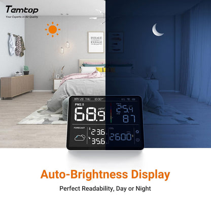 Temtop M100-UP Luchtkwaliteitsmeter, weerstation, 2,4 G wifi, bluetooth-thermometer met app, 8-in-1 luchtkwaliteitsmeter (PM2.5/CO2/temperatuur/vochtigheid)