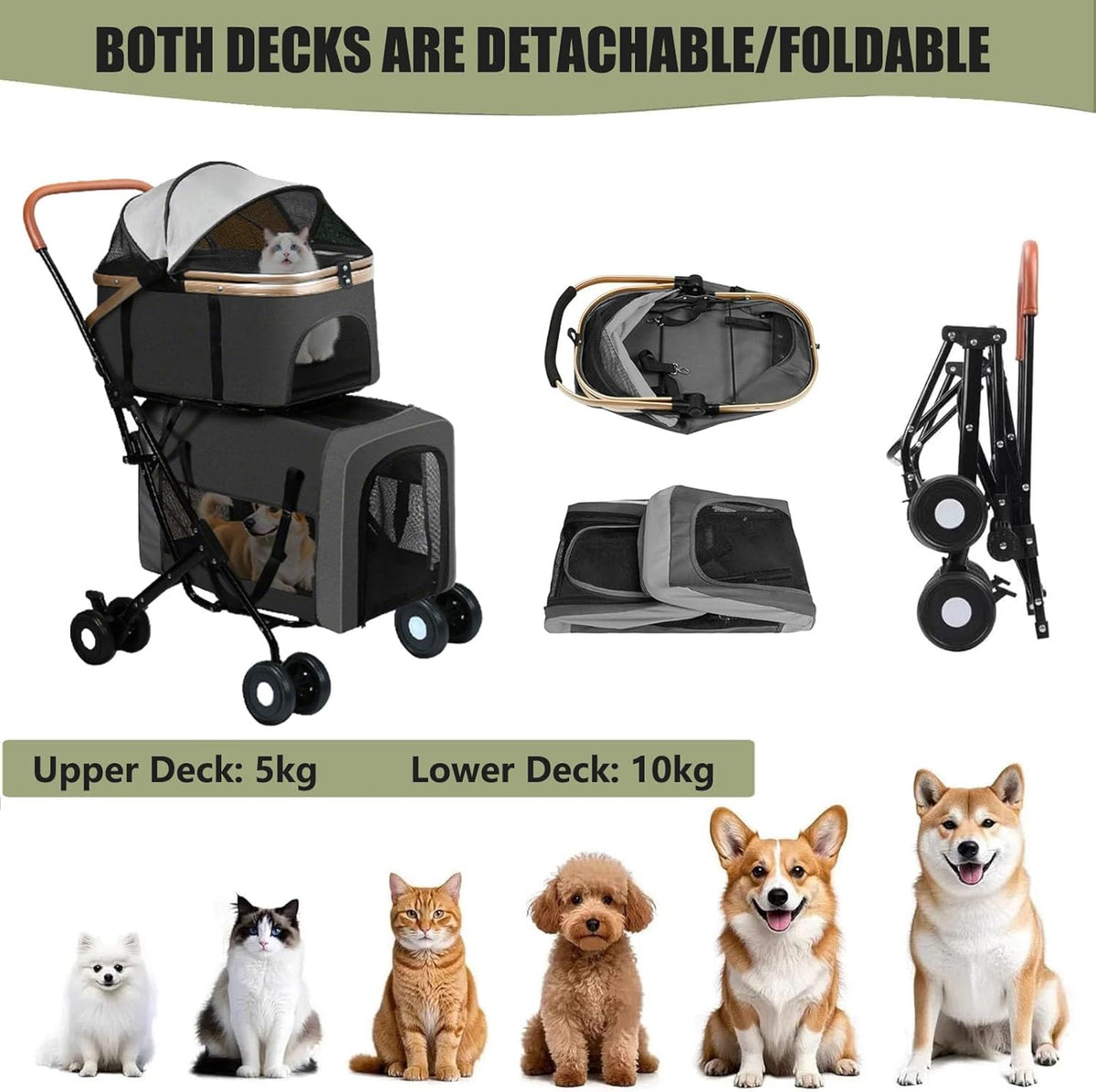 Hondenwandelwagen 2 lagen, opvouwbare huisdierbuggy voor kleine en middelgrote honden 10 kg, katten honden kinderwagen met veiligheidsgordel, ademend mesh 4 wielen, huisdierenwagen, reiskinderwagens