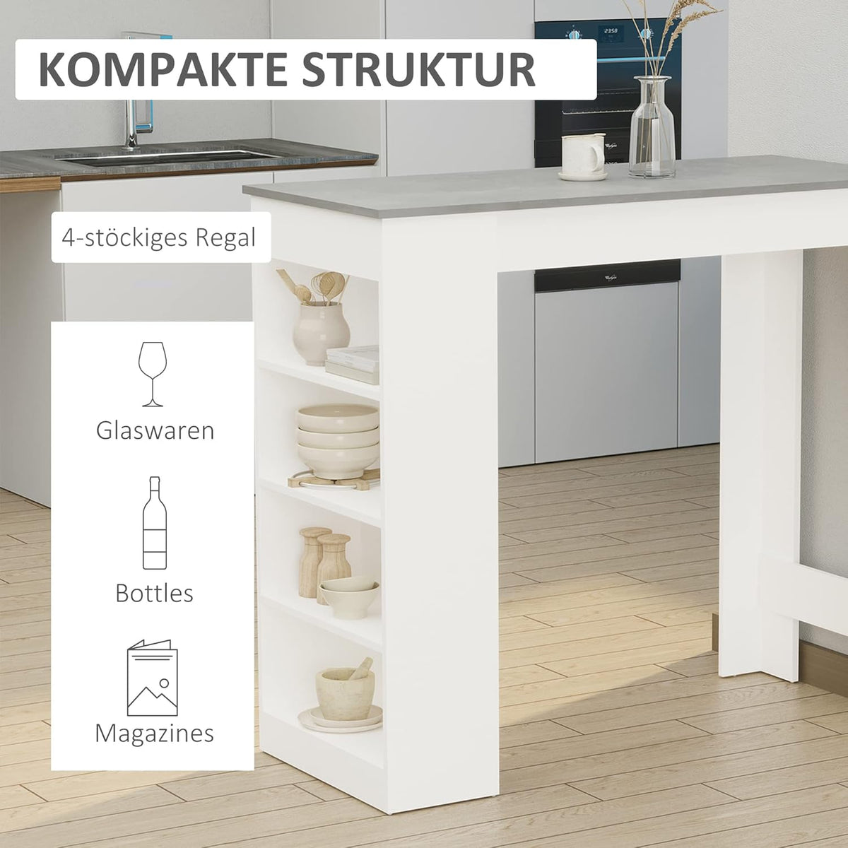 HOMCOM bar table kitchen table with 4-tier storage shelf with table top for restaurant kitchen living room chipboard white + grey 115 x 50 x 102.5 cm - QUORE