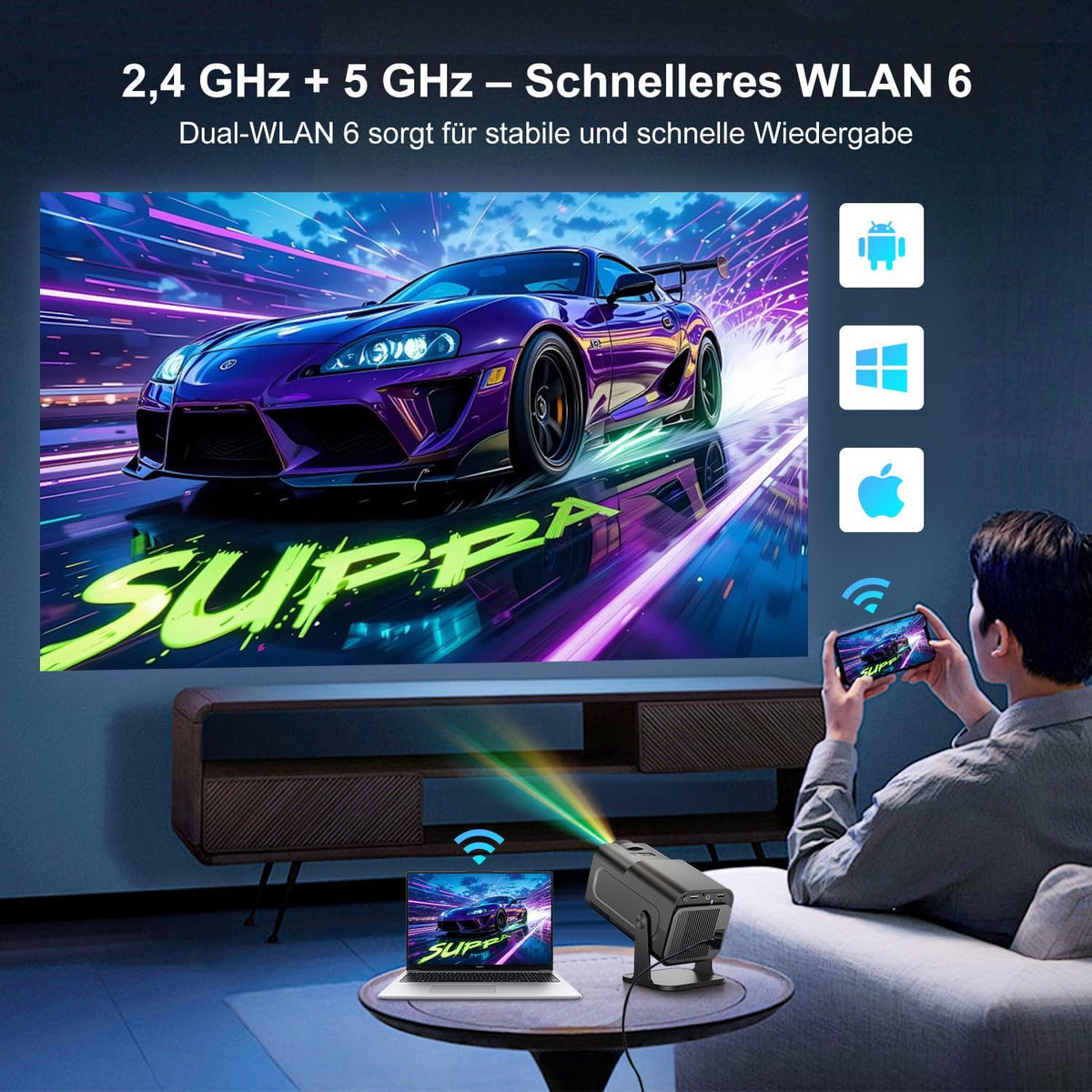 Salange Mini-beamer, 4K, ondersteunt Android 11, smart projector, Portable 5G WiFi 6 BT 5.3, mini-projector, Full HD 1080p, autokeystone, kleine mobiele telefoon beamer, thuisbioscoop outdoor, zwart