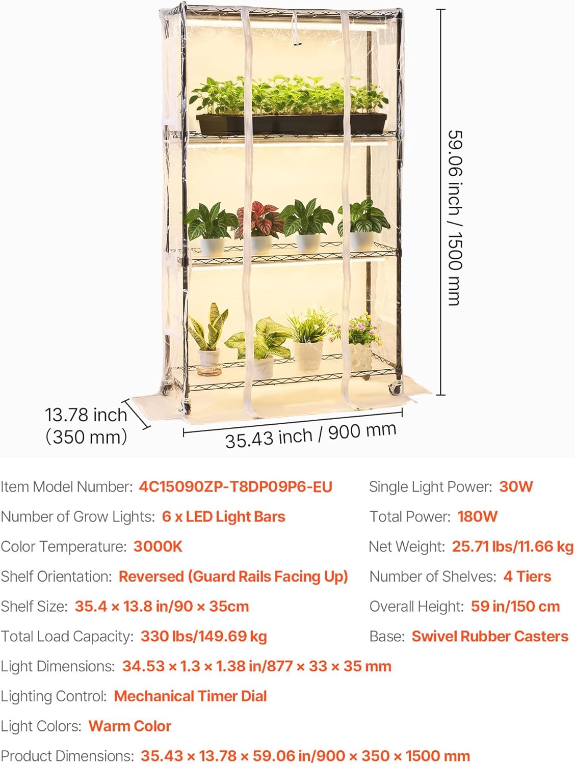 VEVOR Indoor Greenhouse with Grow Lights, Plant Stand with 4 Levels, Display Height 150 cm with Transparent Cover, Timer and Hygrometer, 180 W Full Spectrum Attachment Lights - QUORE