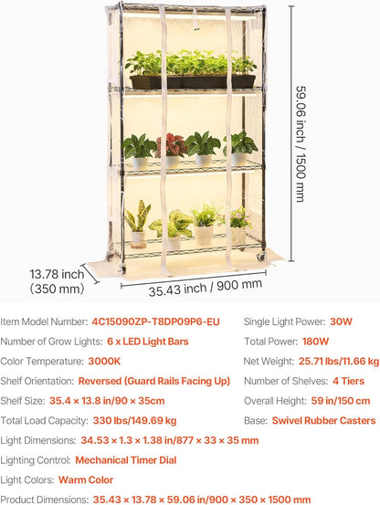 VEVOR Indoor Greenhouse with Grow Lights, Plant Stand with 4 Levels, Display Height 150 cm with Transparent Cover, Timer and Hygrometer, 180 W Full Spectrum Attachment Lights - QUORE