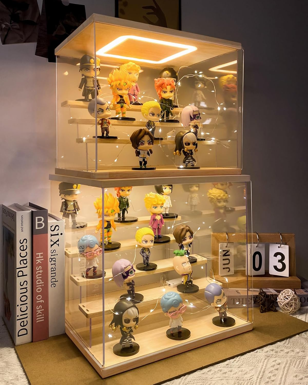 Doorzichtige Acrylen Vitrine met Licht Verlichting, 3/4/5/6 Laags Stofdichte Bescherming LED Displaykast voor Miniaturen, Modelauto’s, Actiefiguren (Hout, 6 Laags-50x32x42cm)