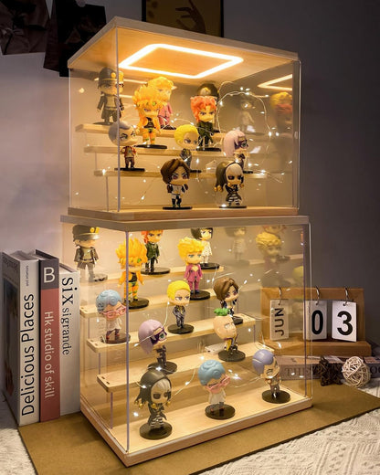 Doorzichtige Acrylen Vitrine met Licht Verlichting, 3/4/5/6 Laags Stofdichte Bescherming LED Displaykast voor Miniaturen, Modelauto’s, Actiefiguren (Hout, 6 Laags-50x32x42cm)