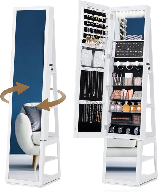 Hzuaneri Jewellery cabinet, with 360° rotating base, lockable mirror in full length, large 4-stage storage compartments, 4-in-1 multifunctional, white and black JC16003B