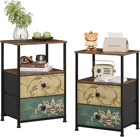 VEDECASA Set of 2 chest of drawers with 2 drawers and open shelf, chest of drawers, Bohemian dressing table, storage cabinet, bedside table, side table for living room, bedroom, stable steel frame - QUORE