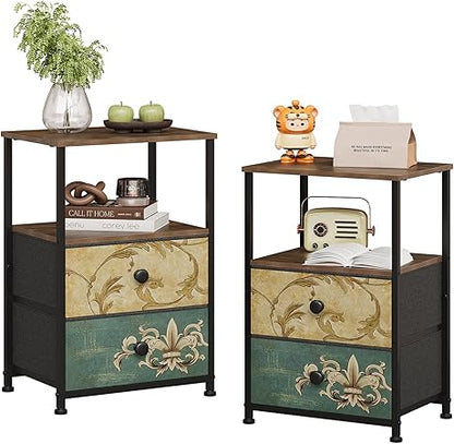 VEDECASA Set of 2 chest of drawers with 2 drawers and open shelf, chest of drawers, Bohemian dressing table, storage cabinet, bedside table, side table for living room, bedroom, stable steel frame - QUORE