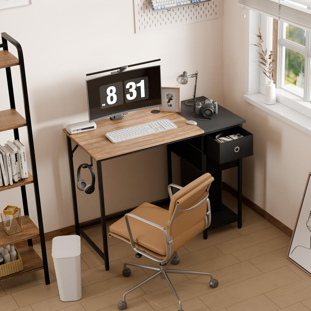 Mondeer Computerbureau, bureau met 2 laden en opbergplank links of rechts, 100 x 50 x 76 cm, industriële stijl, thuiskantoor werkstation studie, rustiek bruin en zwart