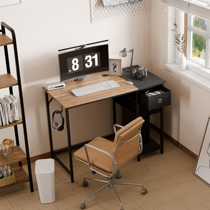 Mondeer Computerbureau, bureau met 2 laden en opbergplank links of rechts, 100 x 50 x 76 cm, industriële stijl, thuiskantoor werkstation studie, rustiek bruin en zwart
