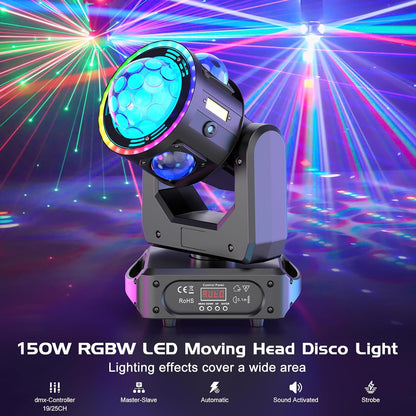 150W Moving Head LED RGBW Beam Disco Ball Party Light Strobe Light Effects for Disco Party Club Christmas Stage Light - QUORE