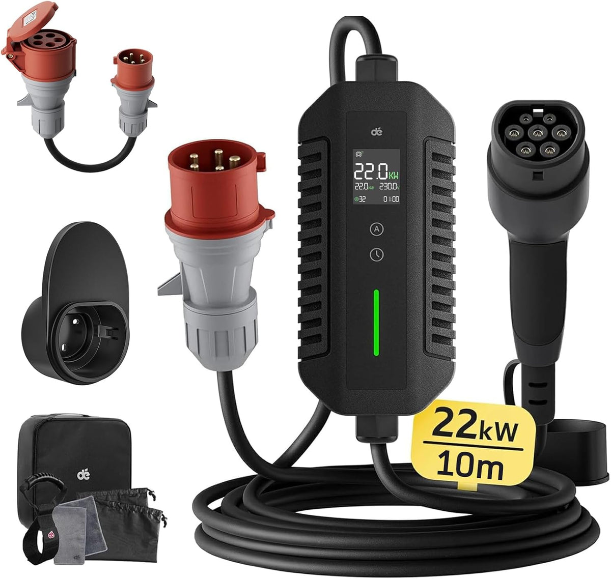 dé EV Charger Type 2 22kW [10m, 3-Fase, 6-32A] Mobile Wallbox 22kW met instelbaar laadvermogen, Laadstation voor model Y/3, ID.3/4/5, Enyaq, EX30/XC40, Niro en Andere EV&PHEV