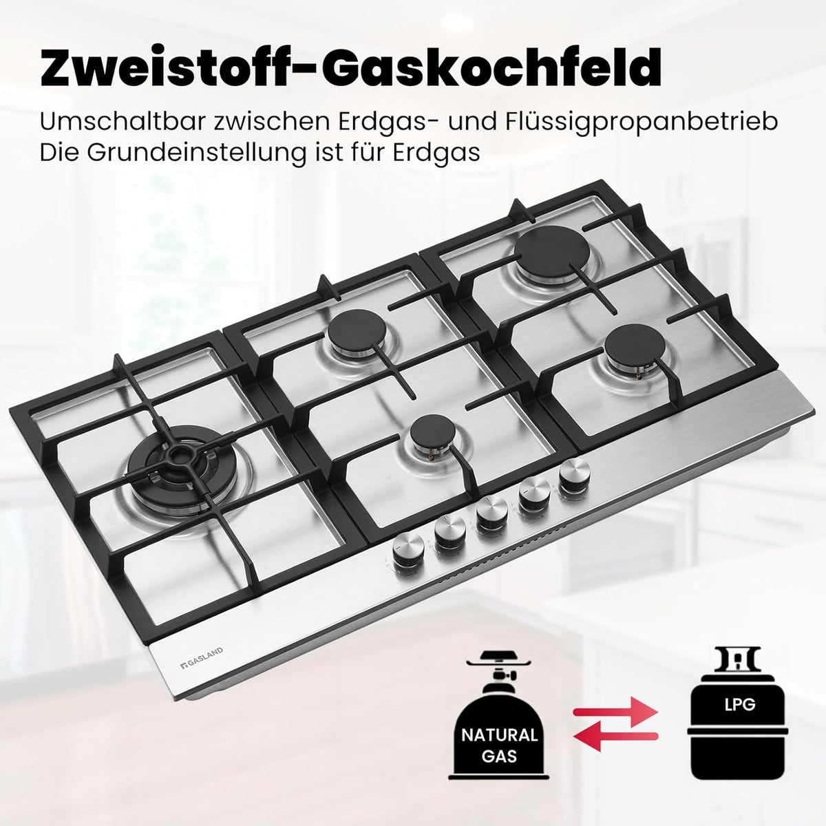 Gaskookplaat – Gasfornuis – Inbouwkookplaat – Gasplaat – Zelfvoorzienend – 87 cm Roestvrij Staal – 5 Vlammen Met Wokbrander 10400 Watt