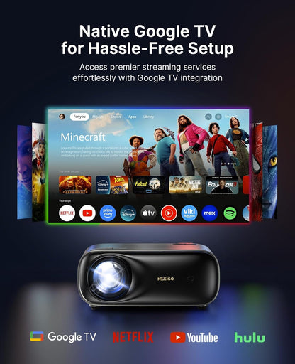NexiGo PJ40 Pro Projector with Google TV, native 1080p, 4K-ondersteuning, AI-beeldverbetering, 800 ANSI-lumen, slimme projector met automatische keystone-correctie