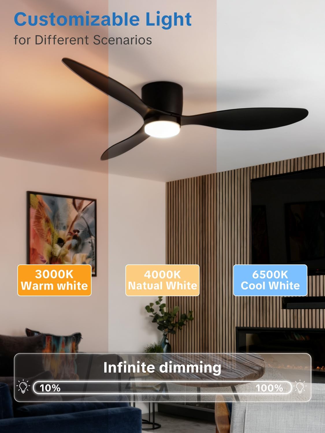 Plafondventilator, diameter 106 cm, met licht en afstandsbediening, omkeerbare DC-motor, stil, 6 snelheden, 3 CCT, led-plafondlamp voor slaapkamer en woonkamer, zwart