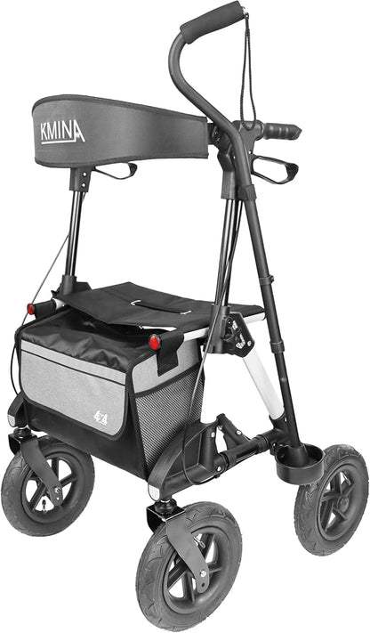 KMINA PRO - Outdoor Rollator Met Luchtbanden, Groot Wiel, Opvouwbaar Voor Senioren, Aluminium Frame Voor Buitengebruik, Met Zitje en Mandje
