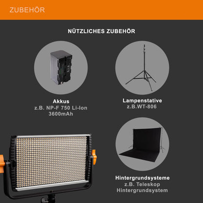 Walimex pro Niova 600 Plus Daylight Led-videolamp, continu licht, 36 watt, 600 leds, dimbaar, 5600 K, 4.350 lumen, CRI ≥ 97 Ra, DMX + afstandsbediening, 2 x NP-F-accusleuven + voeding