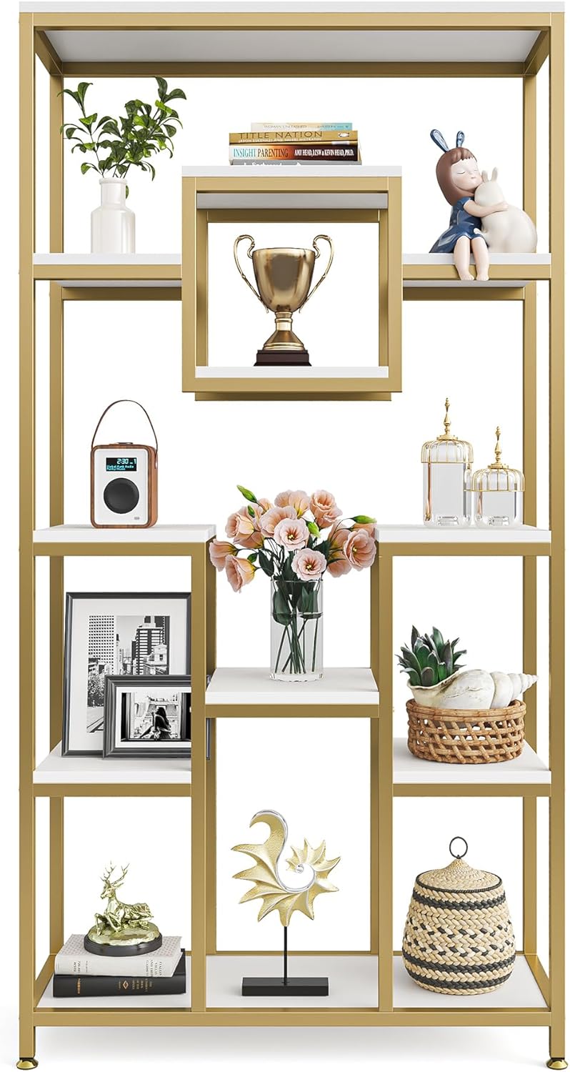 Tribesigns 180cm Golden Bookcase, 11 Stories Large and High, Open Geometric Cube Design, Modern for Living Room, Bedroom, Home Office