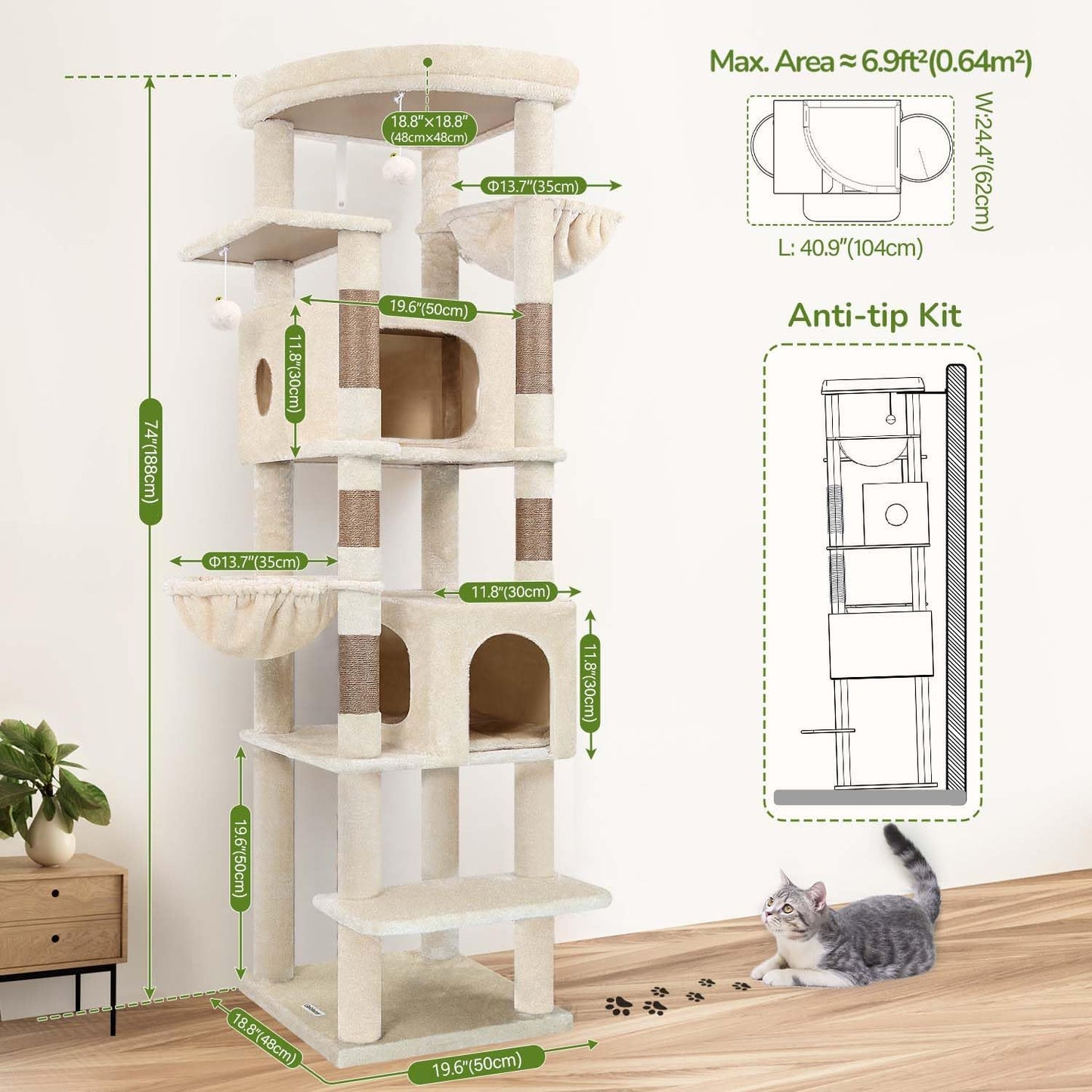 Krabpaal – Kattenboom – Kattenhuis – Krabton – Klimelement – Beige – 188 cm Hoog – 2 Grote Kattenhuisjes Met Gevoerd Platform
