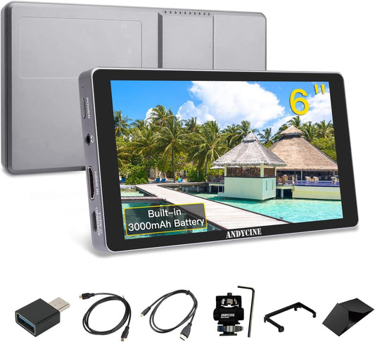 ANDYCINE X5L 6 inch touchscreen cameraveldmonitor, 1200 nits CNC-cameramonitor, ingebouwde 3000 mAh-batterij, ultralichte 4K HDMI-ingang/uitgang, Full HD 1920 x 1080P, 3D LUT-monitor voor camera