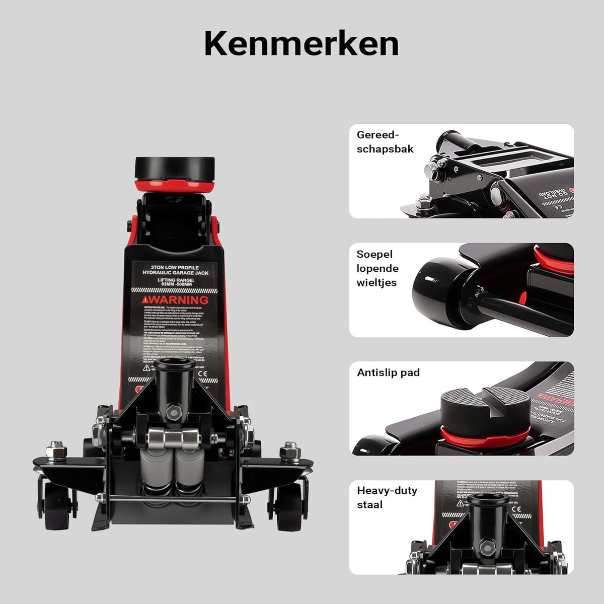 XPOtool autokrik 3 ton manoeuvreerkrik hydraulische krik hoogte 85-500 mm met dubbele zuiger