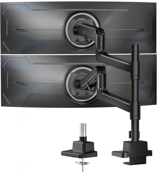 monTEK Dubbele Monitorarm voor tot 57" /27 kg Ultrawide Schermen, Aluminium Zware Gasveer Verticale Stapelbare Gebogen Scherm Verstelbare Monitorstandaard, 75/100mm Vesa-bevestiging, Zwart