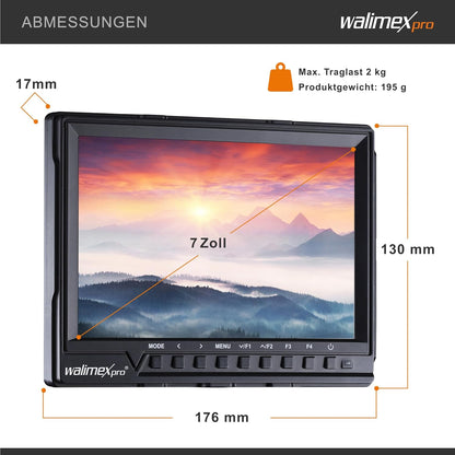 Walimex pro Full HD Monitor Director III Set - 7 inch IPS LCD-scherm - scharnierarm & bescherming tegen verdraaien - Focusassistent - met HDMI en AV-ingang - Inclusief batterij & oplader