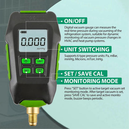 Digitale Vacuümmeter, IP54 Waterdichte Industriële Vacuümtester met Display met Achtergrondverlichting, Meetbereik 0-10.000 Pa, Vacuümmicronmeter voor Atmosferische Omgevingen