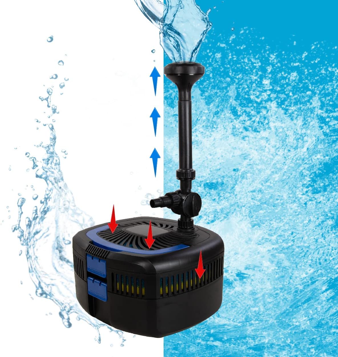 AquaForte GFU-6011 fonteinpomp + 11W UV-C, vermogen 57W, max. opvoerhoogte 2,5 M, max. debiet 2,5 m3 per uur, max. vijvergrootte 5 m3, 13/19/25 mm aansluiting, max. druk 2 bar, helder water