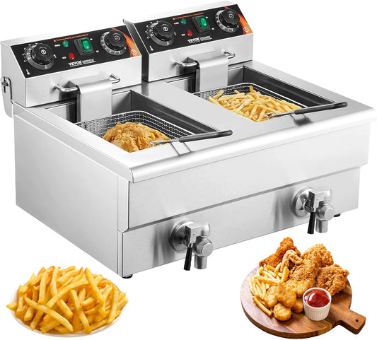 VEVOR Commerciële elektrische friteuse, 2 tanks van 12 l, 6000 W, oliefriteuse, roestvrij staal, met 2 frituurmanden, temperatuur en tijd, verstelbaar, 50-200 °C, voor uienringen, kip, gebakken