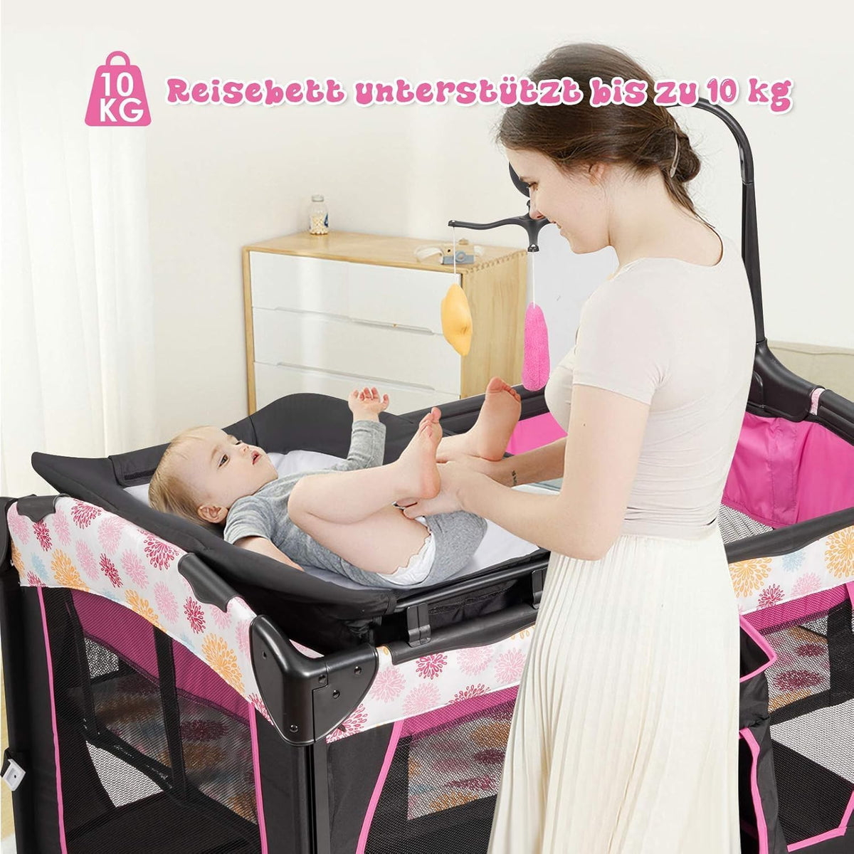FANTASK 4-in-1 inklapbaar reisbed tot 15 kg, mobiele wieg, bijzetbed & commode & box, 2 niveaus babybed in hoogte verstelbaar met draagtas, matras en muziekdoos