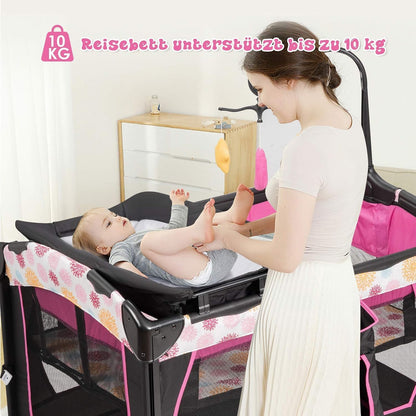 FANTASK 4-in-1 inklapbaar reisbed tot 15 kg, mobiele wieg, bijzetbed & commode & box, 2 niveaus babybed in hoogte verstelbaar met draagtas, matras en muziekdoos