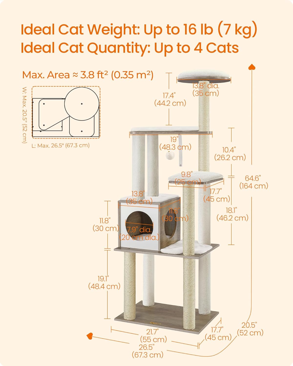Kattenboom – Krabpaal – Kattenhuis – Kattenmeubel – Klimpaal – 165 cm Hoog – Wasbare Verwijderbare Kussens