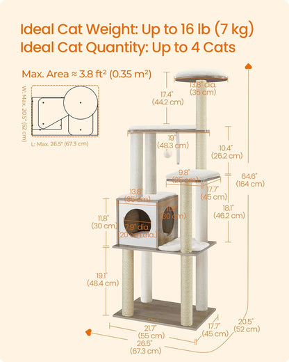 Kattenboom – Krabpaal – Kattenhuis – Kattenmeubel – Klimpaal – 165 cm Hoog – Wasbare Verwijderbare Kussens
