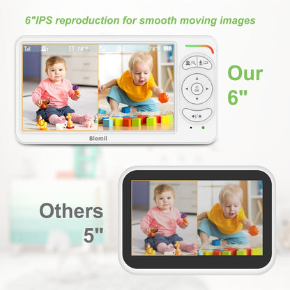Blemil Babyfoon, Video Babyfoon met 2 Camera's en Audio, 6 IPS Grote Split Screen Remote Pan/Tilt/Zoom Babyfoon, Videomonitorcamera's met helder nachtzicht en 30 uur batterij Levensduur
