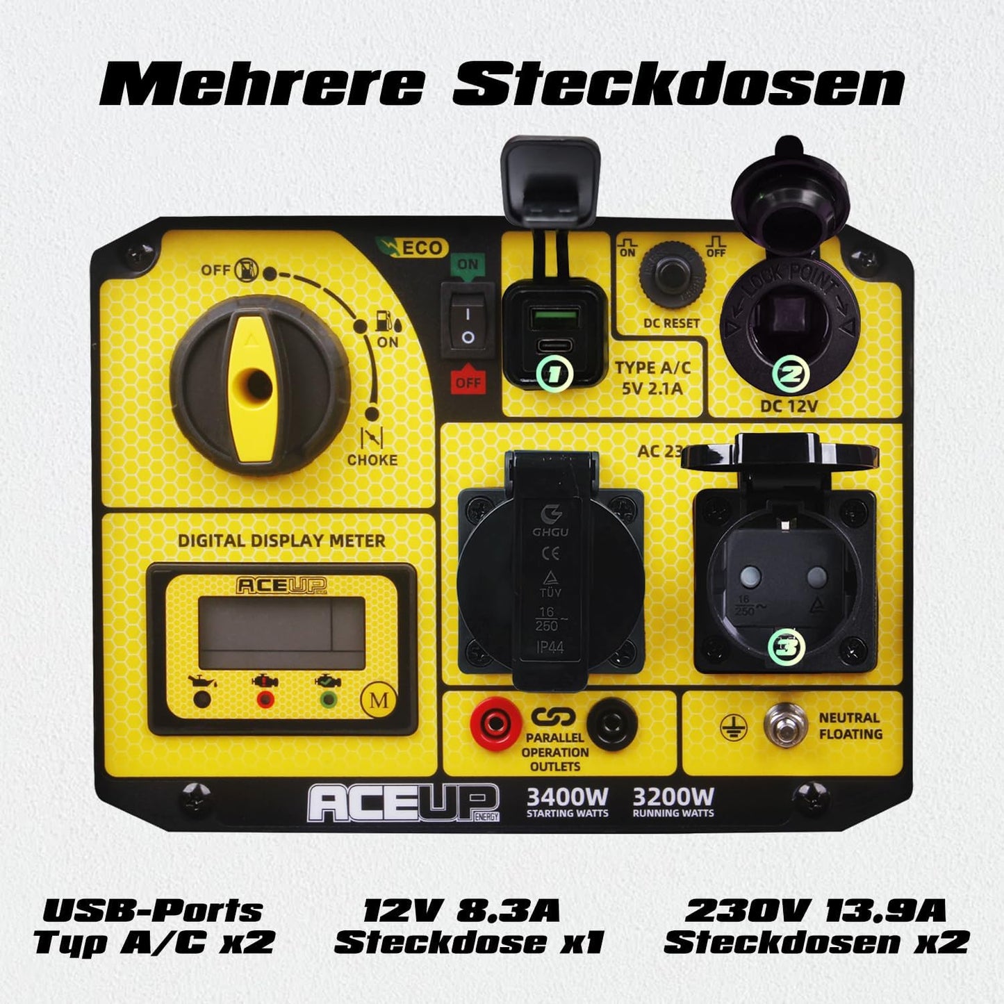 Aceup Energy 3400 W inverter-stroomgenerator, benzine, stroomgenerator, noodstroomaggregaat, 4-takt motor voor camping