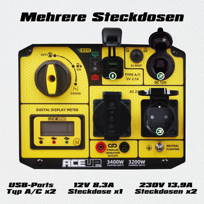 Aceup Energy 3400 W inverter-stroomgenerator, benzine, stroomgenerator, noodstroomaggregaat, 4-takt motor voor camping