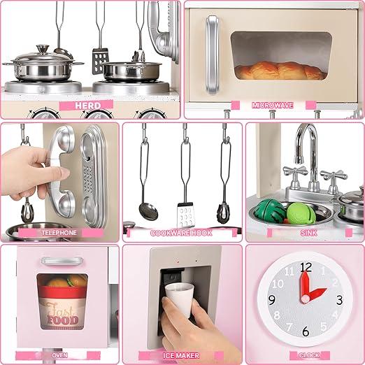 Speelkeuken - Speelgoedkeuken - Keukenset - met Casten - RVS Pot - Keukengerei - voor 3-6 jaar - Peuters - Solide Structuur - Oneindige Verbeelding - Educatieve Waarde - Leuke Interactie - Hout - 74 x 29 x 81.5 cm - Roze