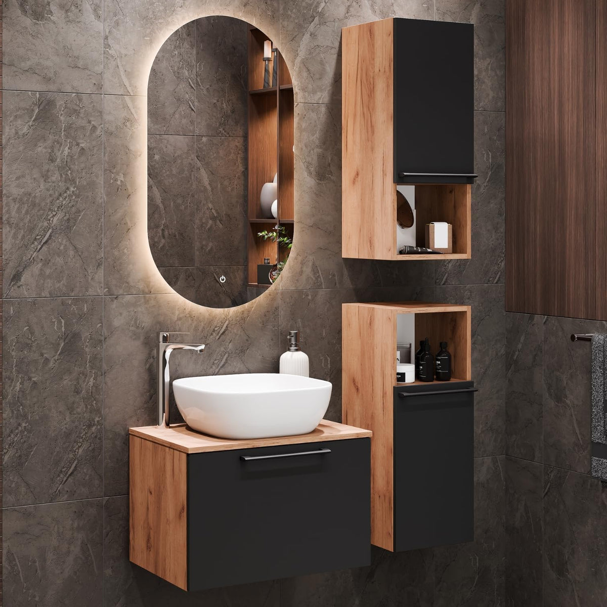 Planetmöbel Astra Bathroom Cabinet Set with Basin Cabinet 60 cm, 2 Midi Cabinets, Gold Oak Anthracite, Sink with Top Edge 42 cm White - QUORE