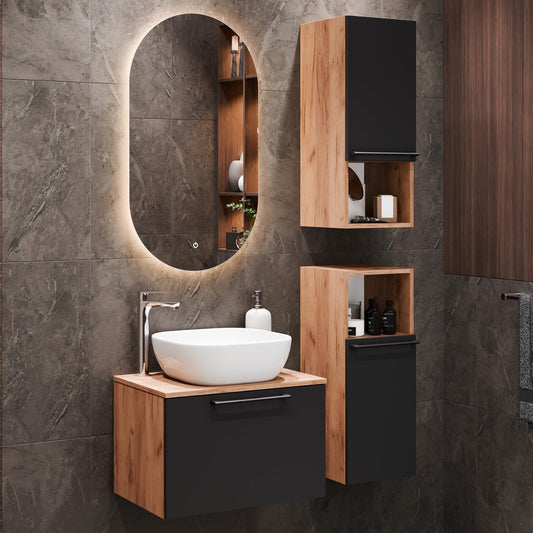 Planetmöbel Astra Bathroom Cabinet Set with Basin Cabinet 60 cm, 2 Midi Cabinets, Gold Oak Anthracite, Sink with Top Edge 42 cm White - QUORE
