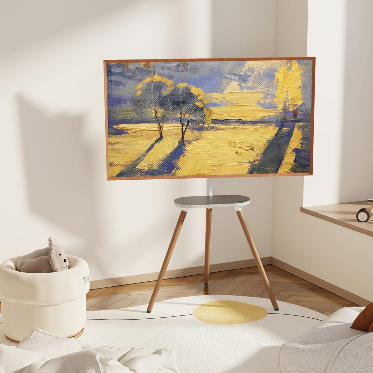 Driepotige tv-standaard voor 40 tot 65 inch lcd-led-oled-beeldscherm, in hoogte verstelbaar en draaibare vloer-tv-standaard, hoek-tv-standaard met houten blad, VESA 400 x 400 mm, wit