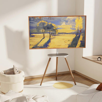 Driepotige tv-standaard voor 40 tot 65 inch lcd-led-oled-beeldscherm, in hoogte verstelbaar en draaibare vloer-tv-standaard, hoek-tv-standaard met houten blad, VESA 400 x 400 mm, wit