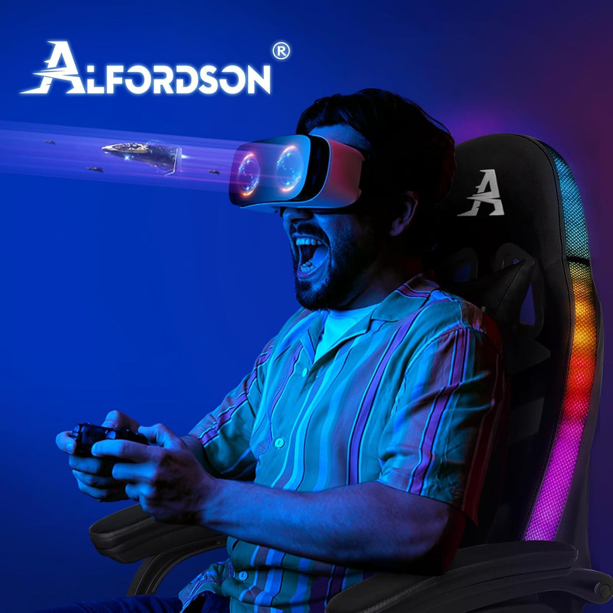 ALFORDSON Gaming Chair with 8-Point Massage, 12 Colours, RGB LED Light, Ergonomic Gaming Chair with Footrests, Headrest, Lumbar Cushion for Children and Adults, Black - QUORE