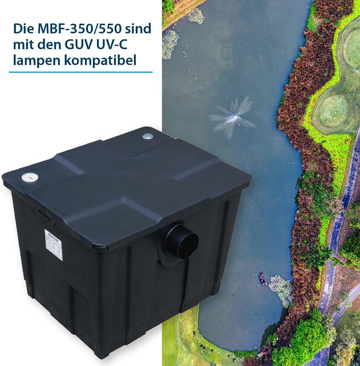 AquaForte MBF-550 meerkamerfilter, afmetingen 69 x 52 x 40 cm, max. vijvercapaciteit 24 m³ zonder vissen, max. debiet 12 m³/h, eenvoudig te installeren en te reinigen, geschikt voor verschillende