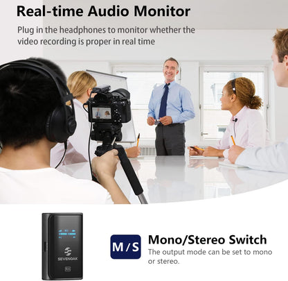 SevenOak Draadloos Lavalier microfoonsysteem, met OLED, 2,4 GHz dual microfoon met stereo/mono voor camera, telefoon, iPhone, PC, video-opname, interview, vlog live stream, SKM-W4 K2 (2 TX+1 RX)