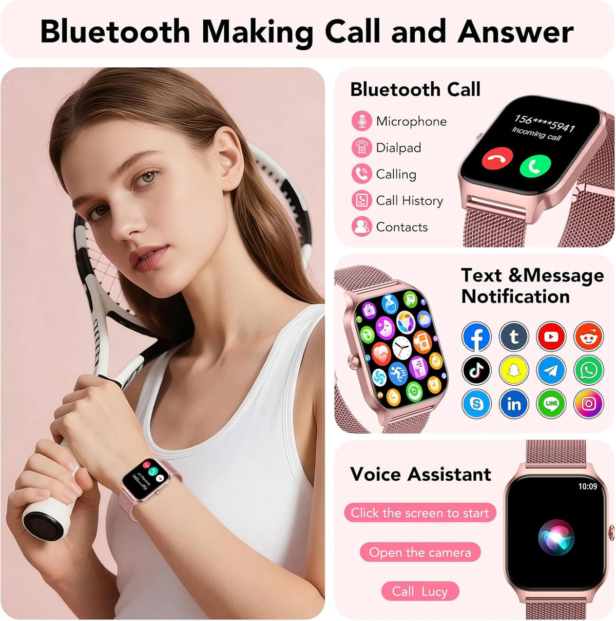 CASCHO Smart Horloges voor dames, 1,8 inch HD fitnesshorloge (beantwoorden/bellen), 120+ sportmodi met hartslag-/slaapmonitor, IP68 waterdicht, fitnesstracker voor iOS Android, PRG4-Rose