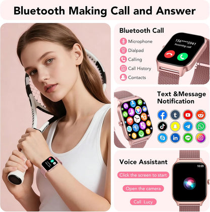 CASCHO Smart Horloges voor dames, 1,8 inch HD fitnesshorloge (beantwoorden/bellen), 120+ sportmodi met hartslag-/slaapmonitor, IP68 waterdicht, fitnesstracker voor iOS Android, PRG4-Rose