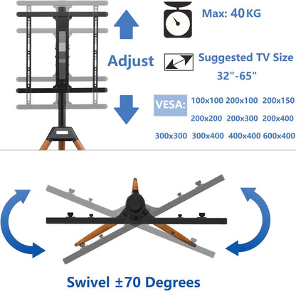 ETHU Tripod TV-standaard houten tv-schildersezel voor 32-65 inch televisie, in hoogte verstelbare tv-vloerstandaard met media-plank voor led/lcd-schermen, tv-standaard met 140° zwenkfunctie, VESA, 600