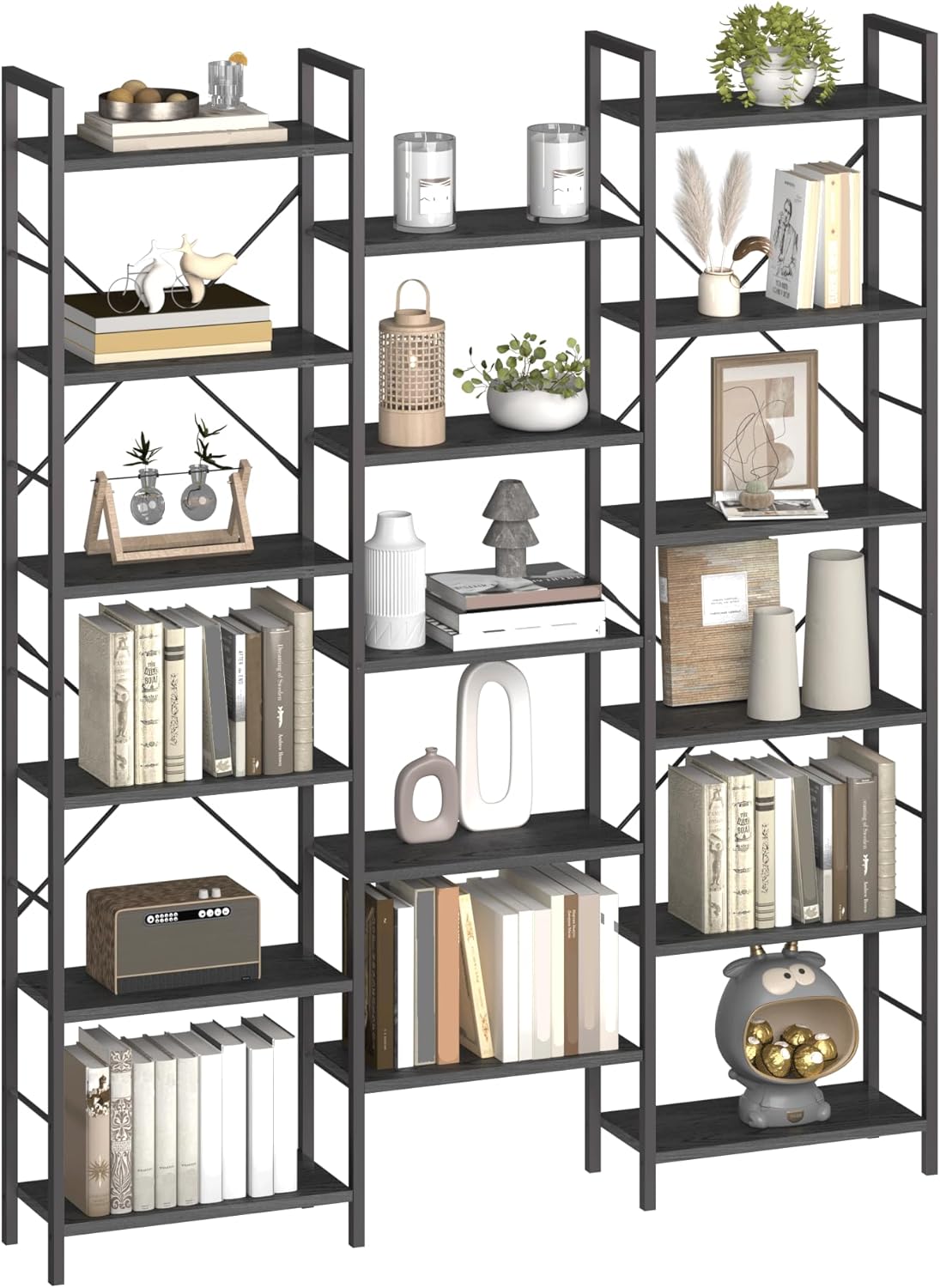 Hzuaneri Bookshelves, Freestanding Shelves, 17 Shelves, 6 Layers, Adjustable Distance, 24 x 152 x 186 cm, Load Capacity 340 kg, Living Room, Office Vintage Black BC10104B