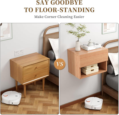 Drijvend nachtkastje, modern wandgemonteerd plank en bureau, bijzettafel houten lade, houten modern nachtkastje voor slaapkamer (beuken TC2, set van 2)